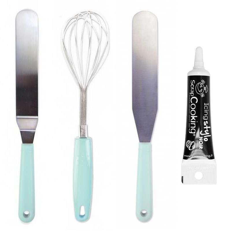 Ustensiles pâtissiers 1 fouet + 2 spatules + Stylo de glaçage noir Scrapcooking - Mathon