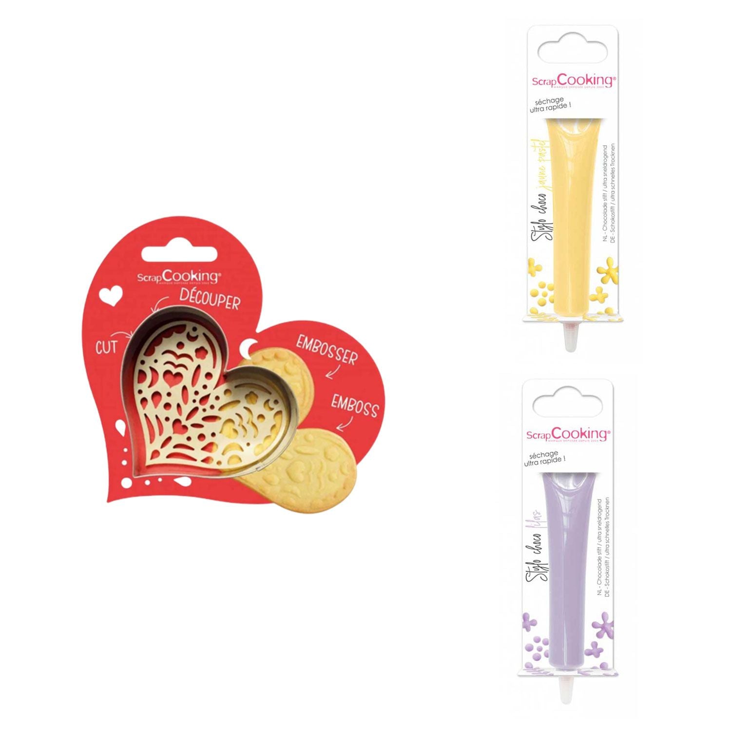Kit pour biscuit en relief Coeur + 2 Stylos au chocolat jaune pastel et lilas Scrapcooking - Mathon