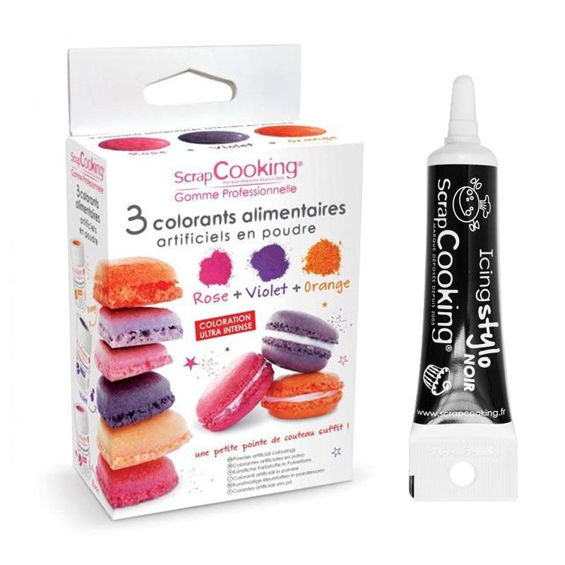 3 colorants alimentaires orange, violet, rose + Stylo de glaçage noir Scrapcooking - Mathon