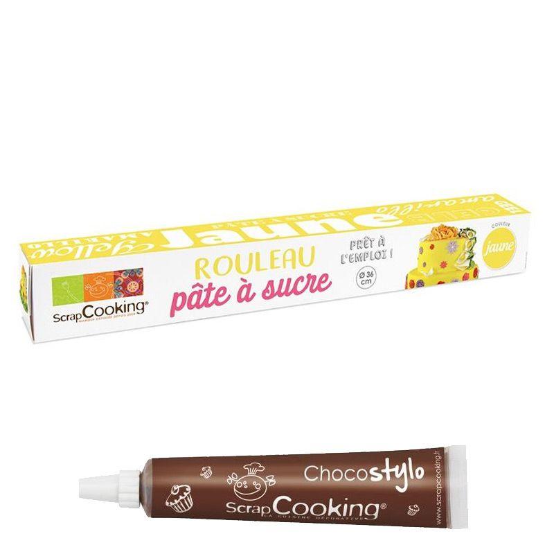 Pâte à sucre en rouleau prête à dérouler Ø 36 cm jaune + 1 Stylo chocolat Scrapcooking - Mathon