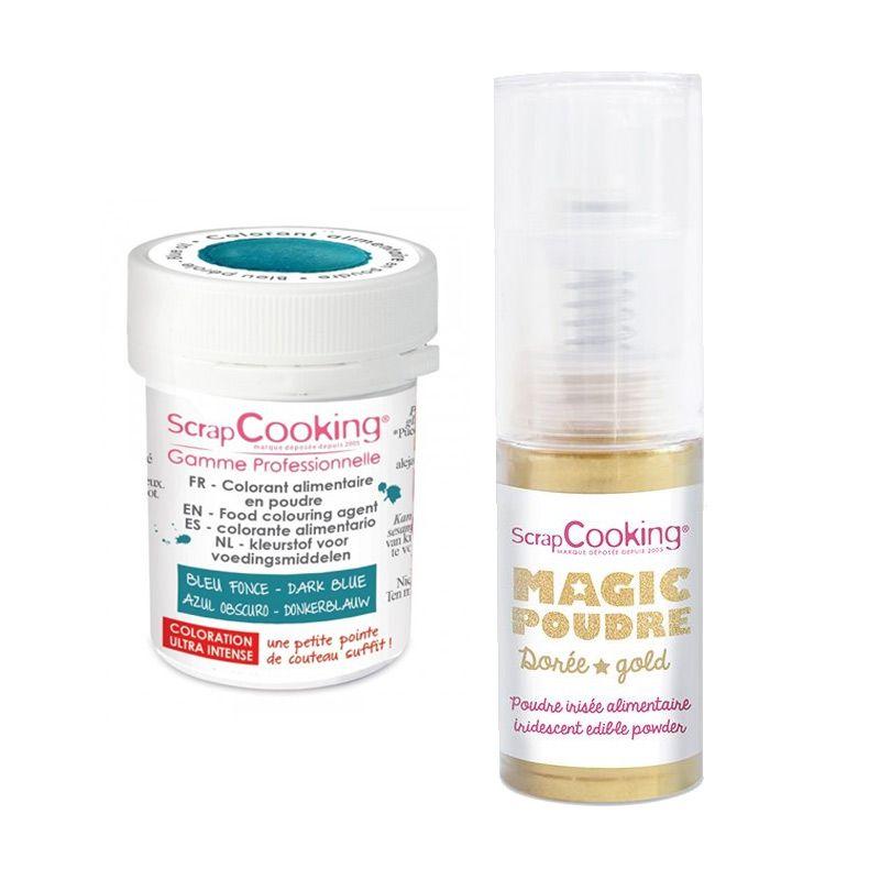 Colorant alimentaire en poudre bleu foncé + Poudre alimentaire irisée dorée Scrapcooking - Mathon