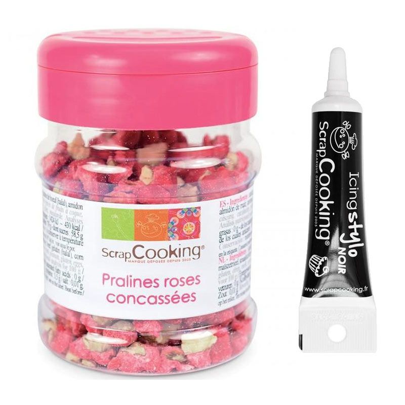 Pralines roses concassées 145 g + Stylo glaçage noir Scrapcooking - Mathon