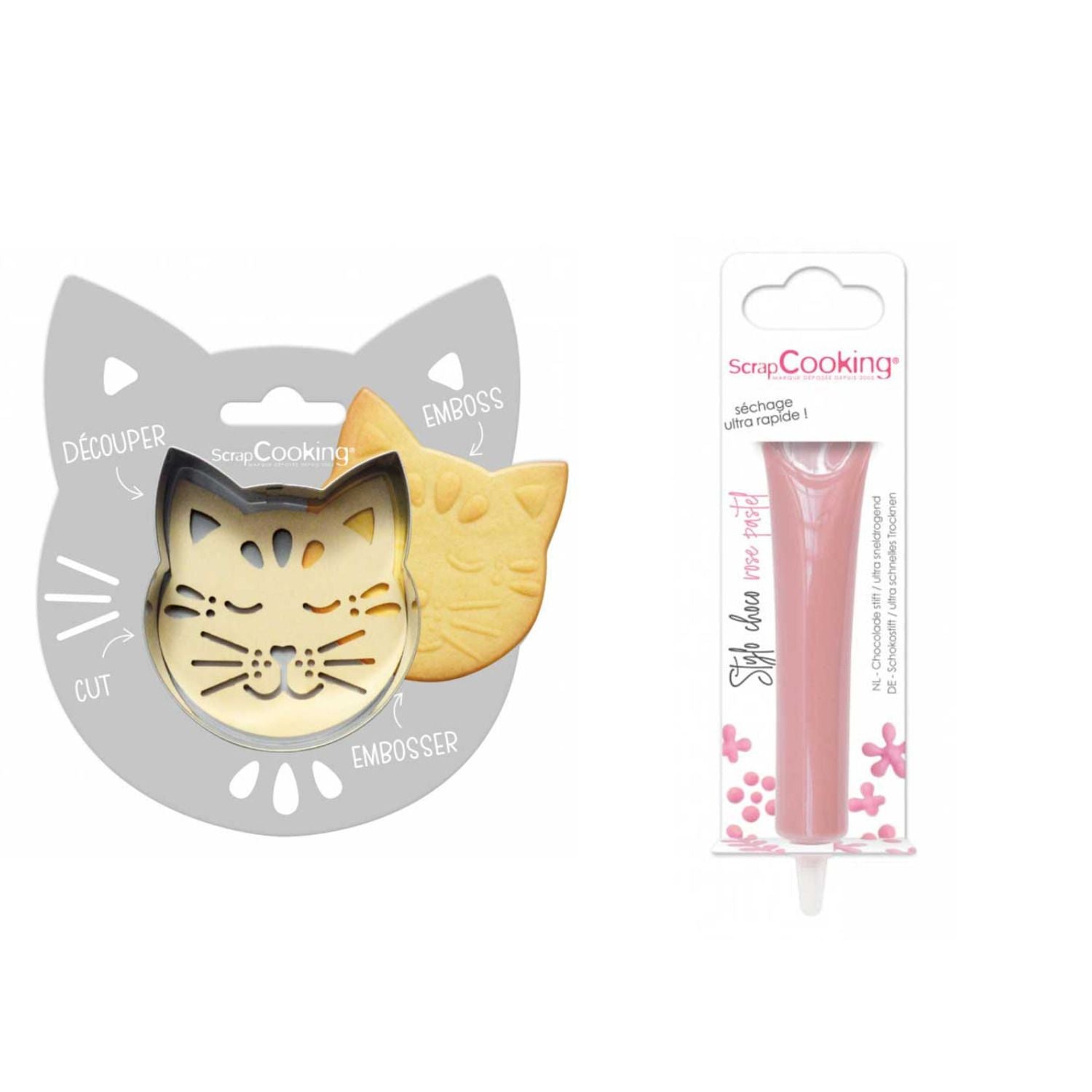 Kit pour biscuit en relief Chat + Stylo au chocolat rose pastel Scrapcooking - Mathon