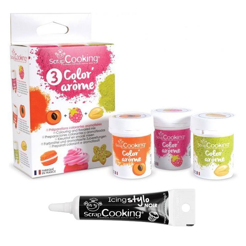 3 Colorants-arômes alimentaires framboise-abricot-pistache + Stylo glaçage noir Scrapcooking - Mathon