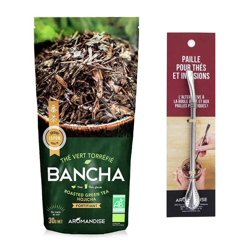 Thé vert bio japonais Bancha Hojicha 30 g + paille inox avec filtre Aromandise - Mathon