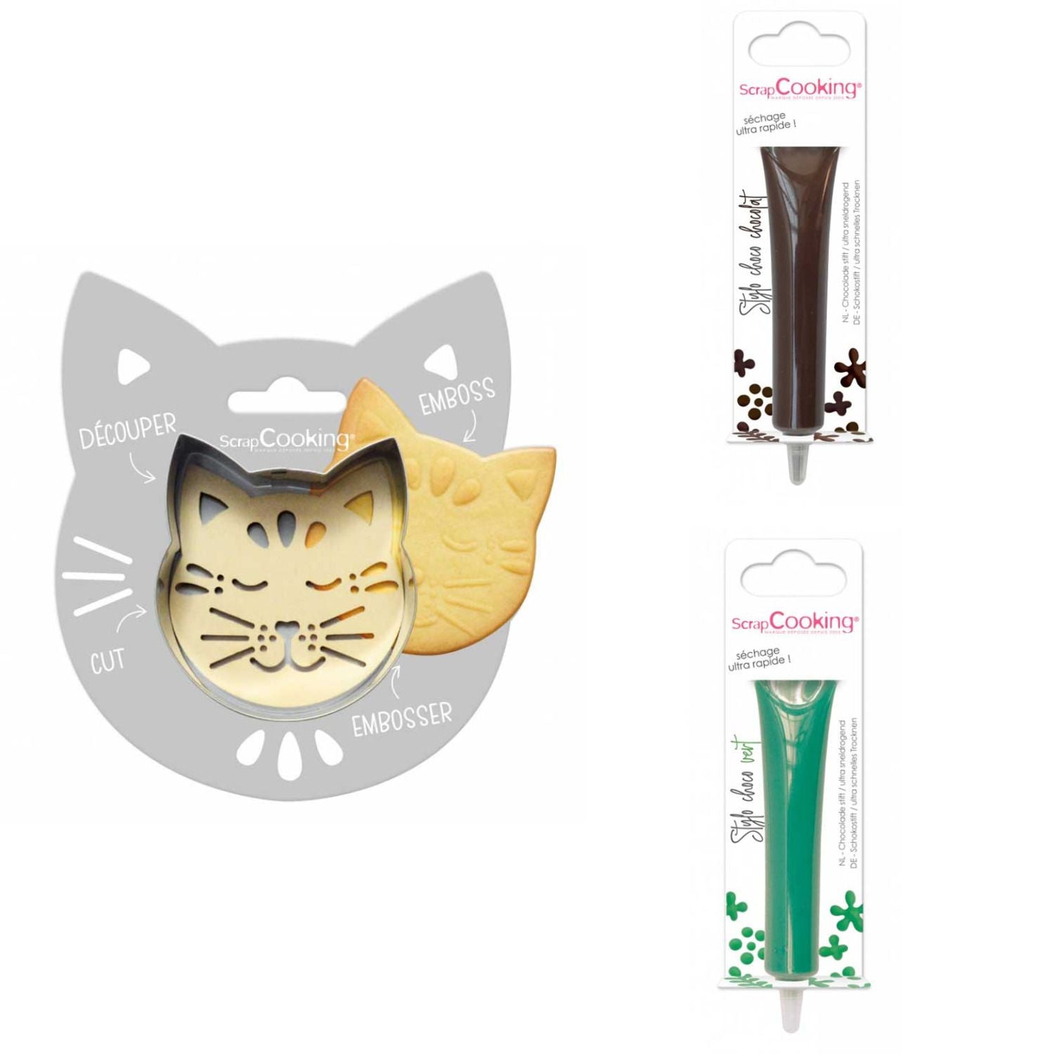 Kit pour biscuit en relief Chat + 2 Stylos au chocolat marron et vert Scrapcooking - Mathon