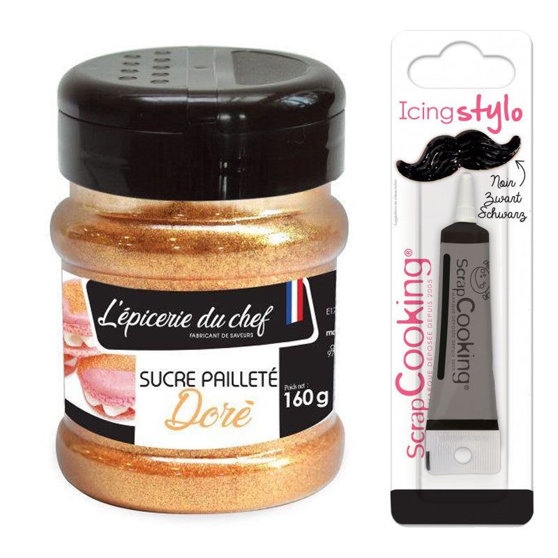 Sucre doré 160 g + Stylo glaçage noir Scrapcooking - Mathon