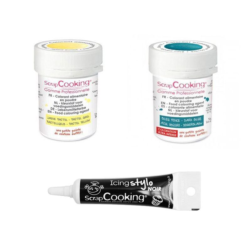 2 colorants alimentaires bleu foncé-jaune pastel + Stylo glaçage noir Scrapcooking - Mathon
