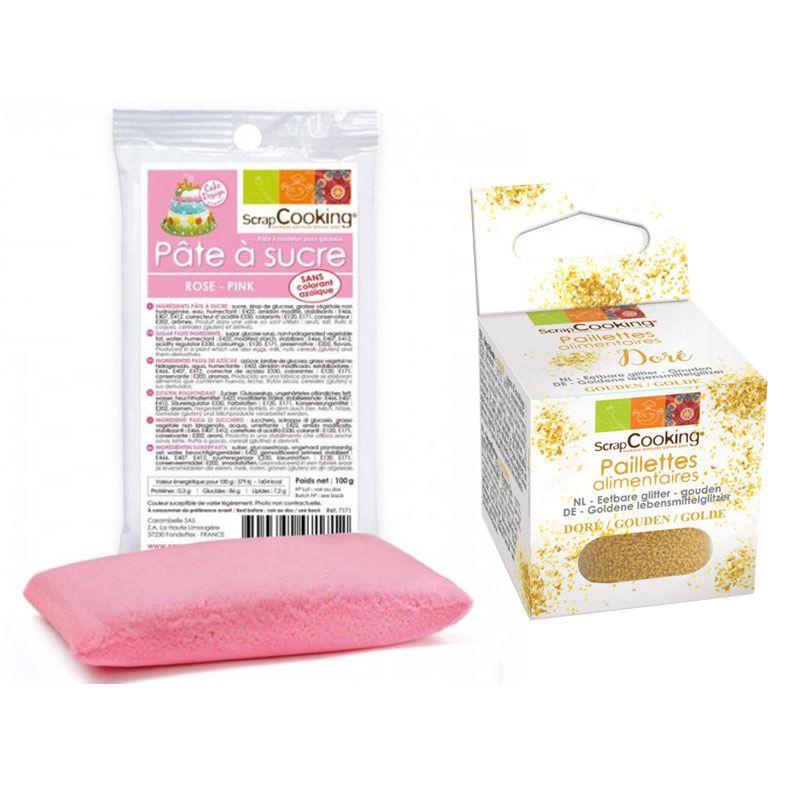 Pâte à sucre rose 100 g + paillettes dorées Scrapcooking - Mathon