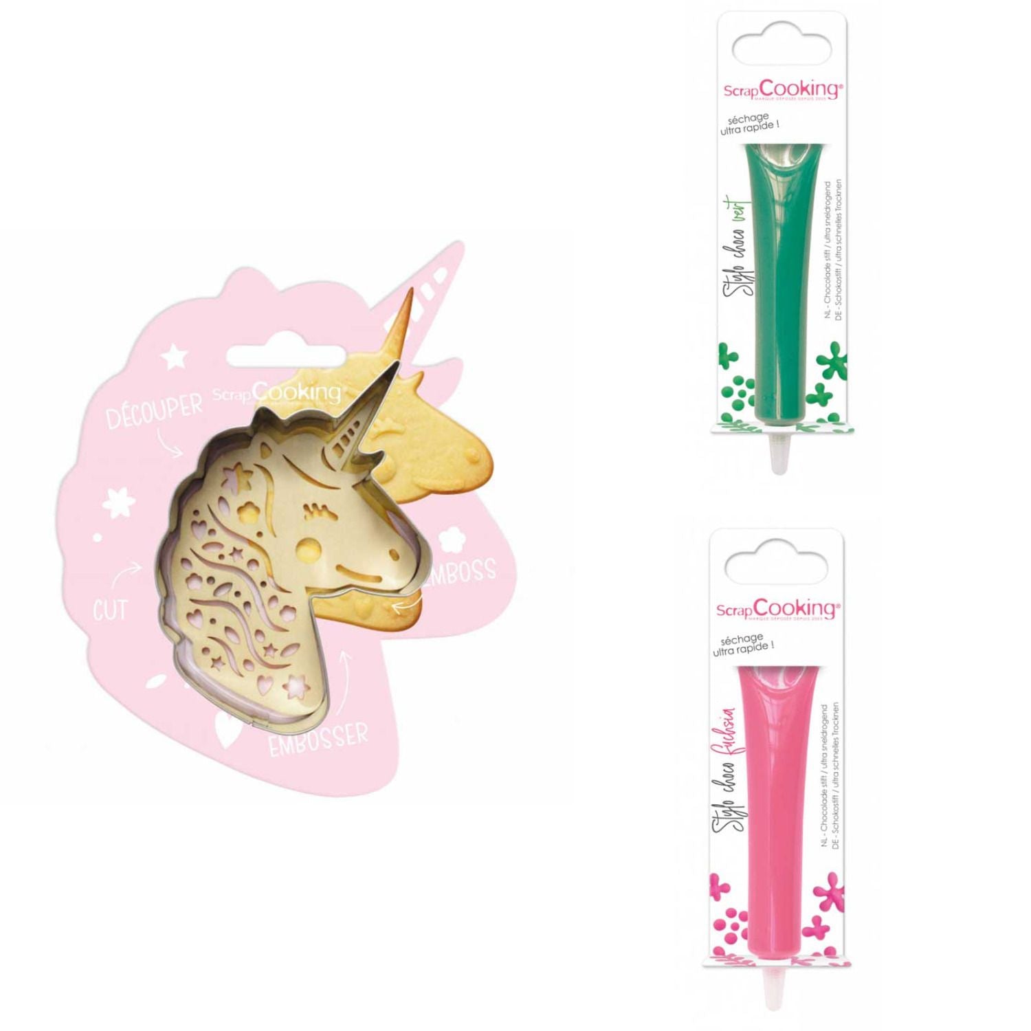 Kit pour biscuit en relief Licorne + 2 Stylos au chocolat vert et fuchsia Scrapcooking - Mathon