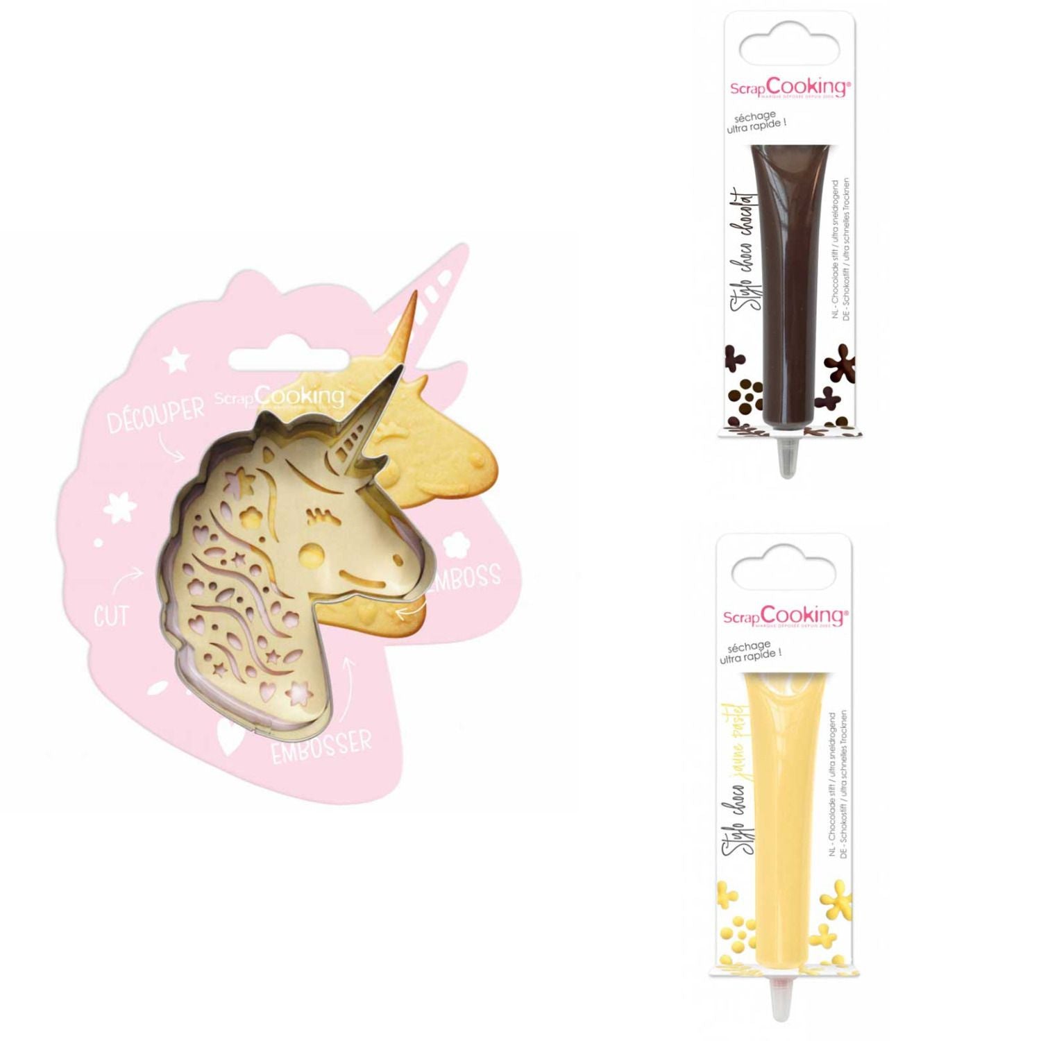 Kit pour biscuit en relief Licorne + 2 Stylos au chocolat marron et jaune pastel Scrapcooking - Mathon