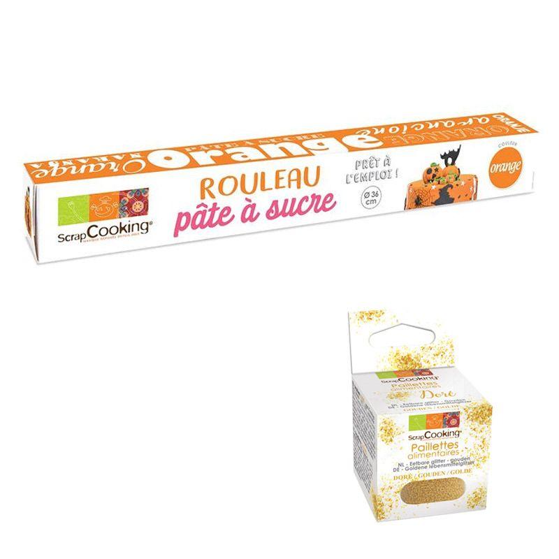 Pâte à sucre en rouleau Ø 36 cm orange + paillettes dorées Scrapcooking - Mathon