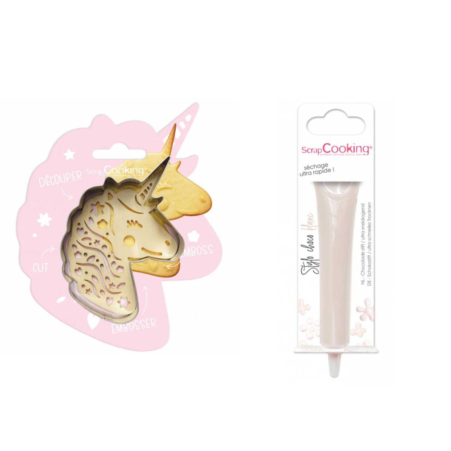 Kit pour biscuit en relief Licorne + Stylo au chocolat blanc Scrapcooking - Mathon