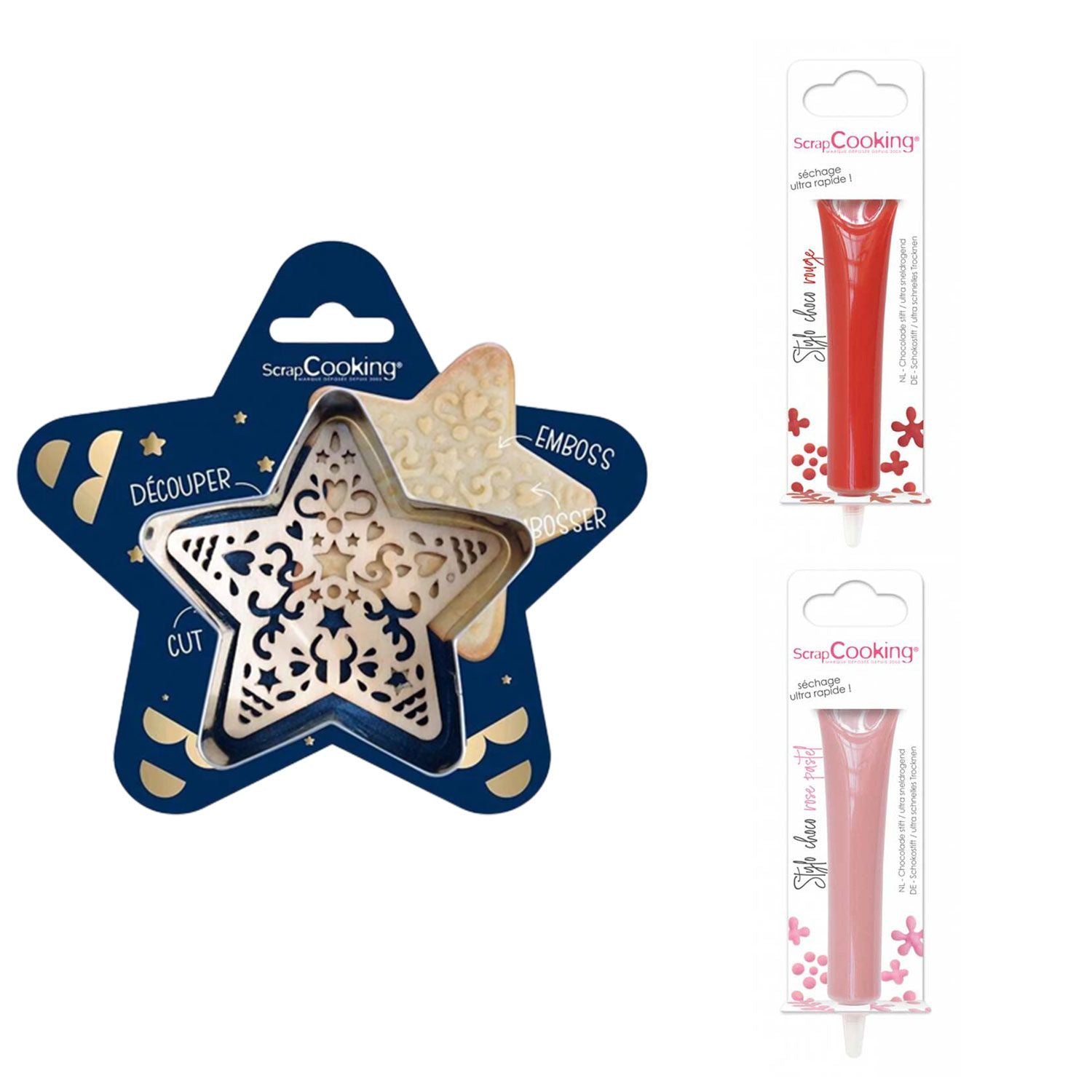 Kit pour biscuit en relief Étoile + 2 Stylos au chocolat rouge et rose pastel Scrapcooking - Mathon