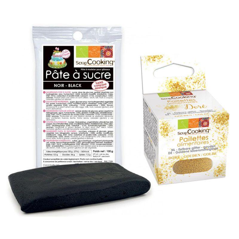 Pâte à sucre noire 100 g + paillettes dorées Scrapcooking - Mathon