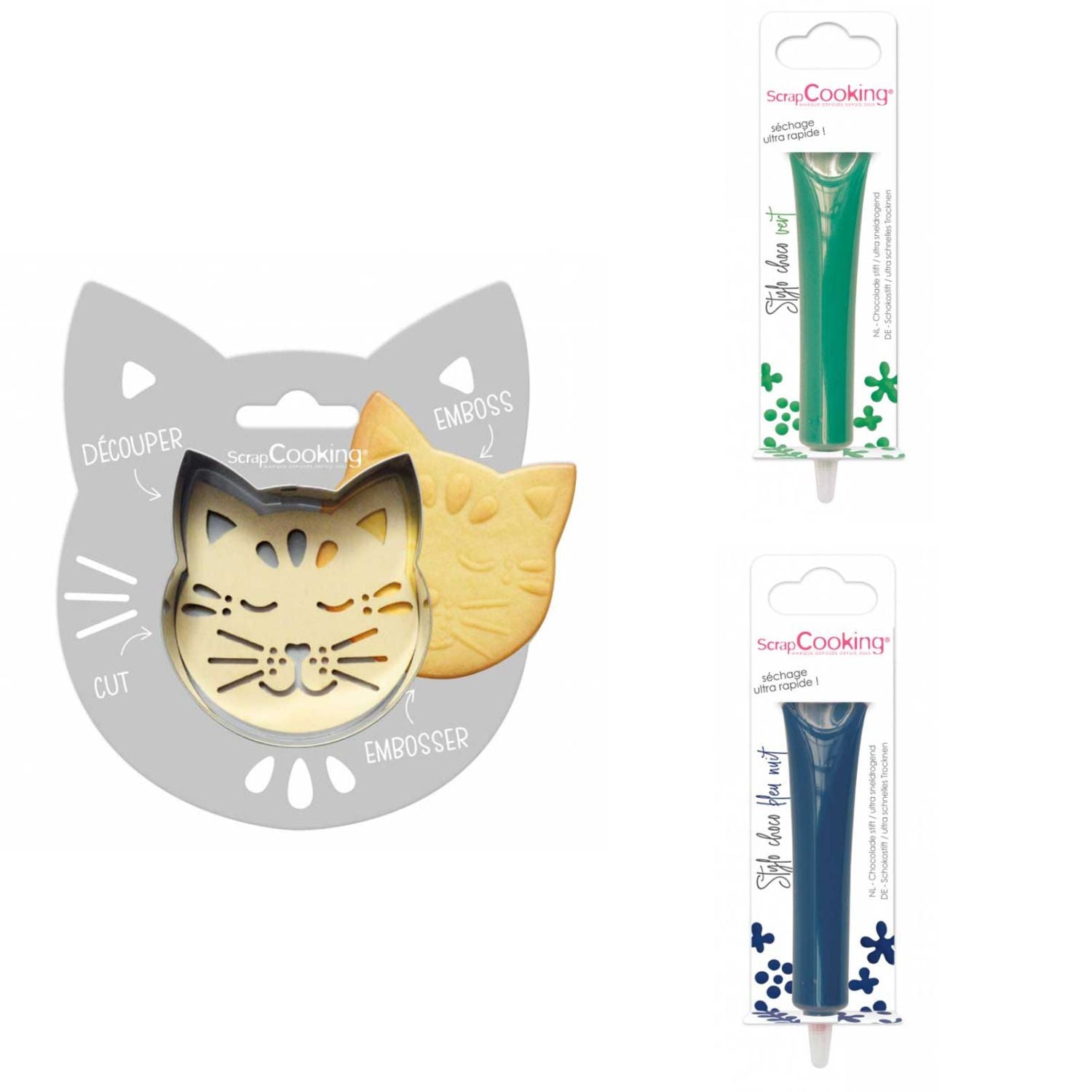 Kit pour biscuit en relief Chat + 2 Stylos au chocolat vert et bleu nuit Scrapcooking - Mathon