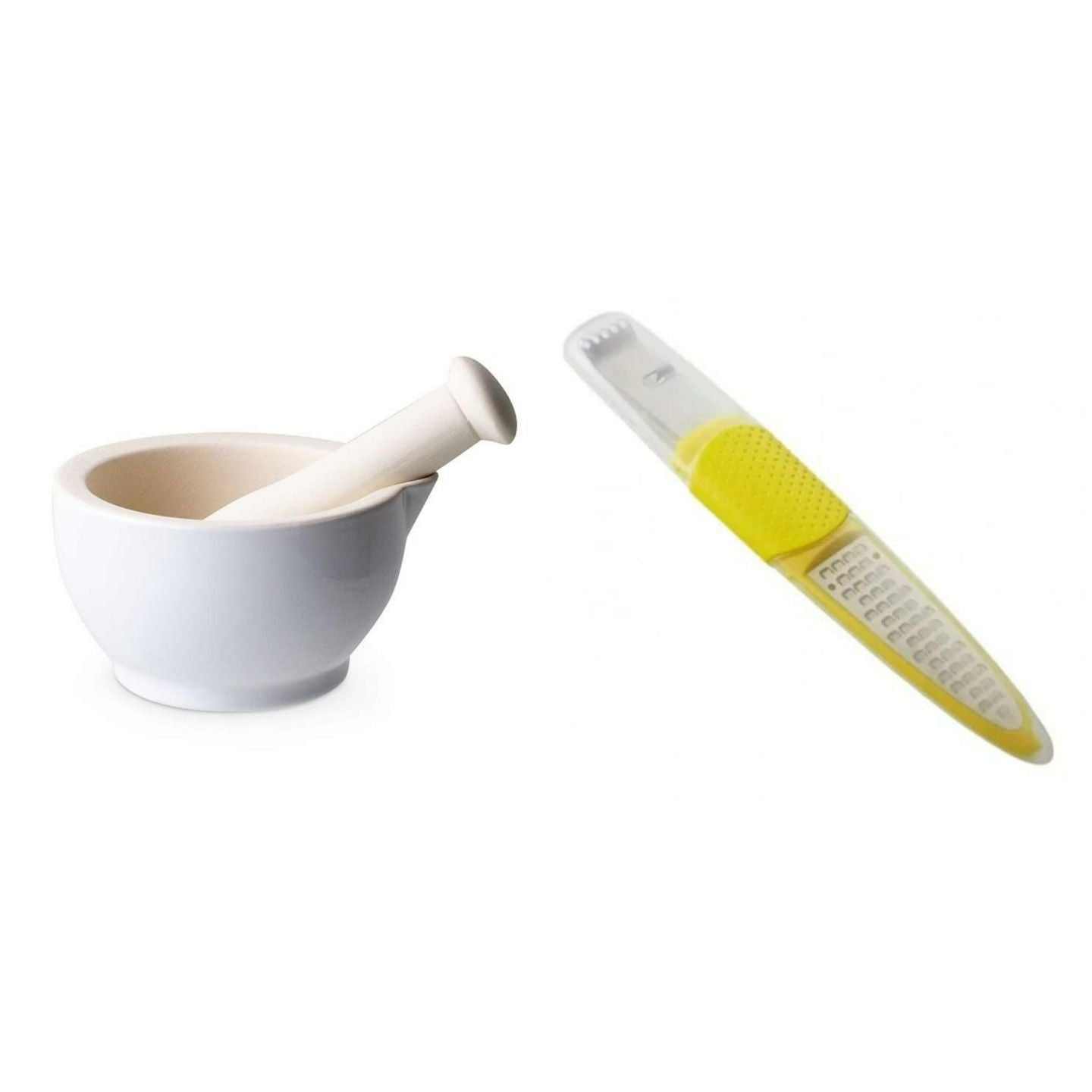 Mortier et pilon en grès blanc + Zesteur-Râpe à citron Aromandise - Mathon