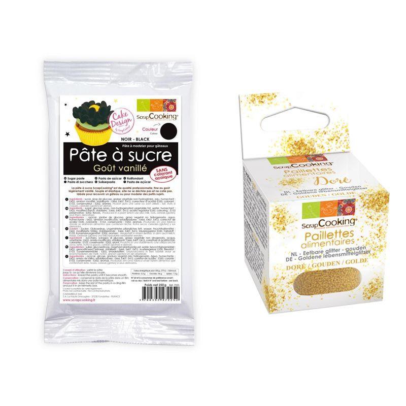 Pâte à sucre noire 250 g + paillettes dorées Scrapcooking - Mathon