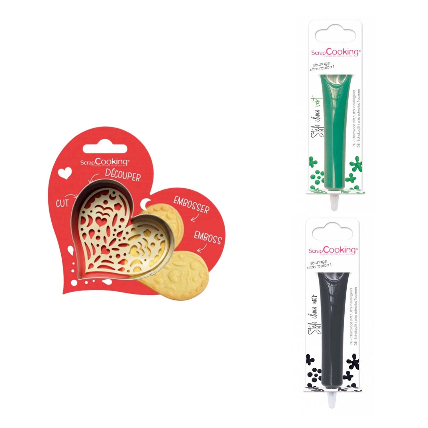 Kit pour biscuit en relief Coeur + 2 Stylos au chocolat vert et noir Scrapcooking - Mathon
