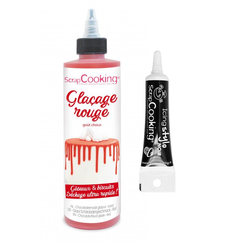 Glaçage goût chocolat 130 g rouge + Stylo de glaçage noir Scrapcooking - Mathon