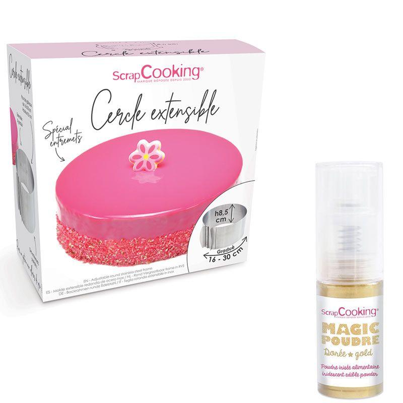 Cadre à pâtisserie extensible rond + 1 poudre alimentaire irisée dorée Scrapcooking - Mathon
