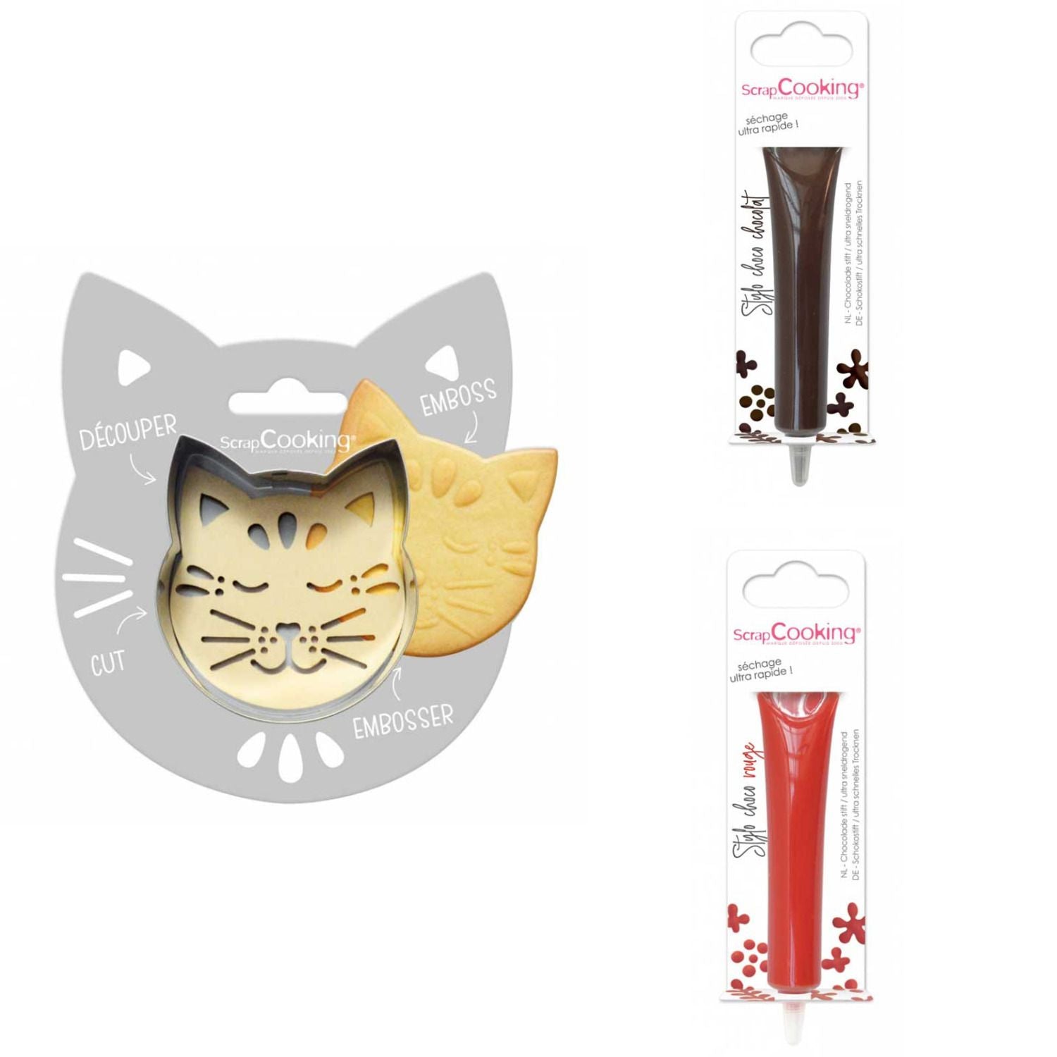Kit pour biscuit en relief Chat + 2 Stylos au chocolat marron et rouge Scrapcooking - Mathon