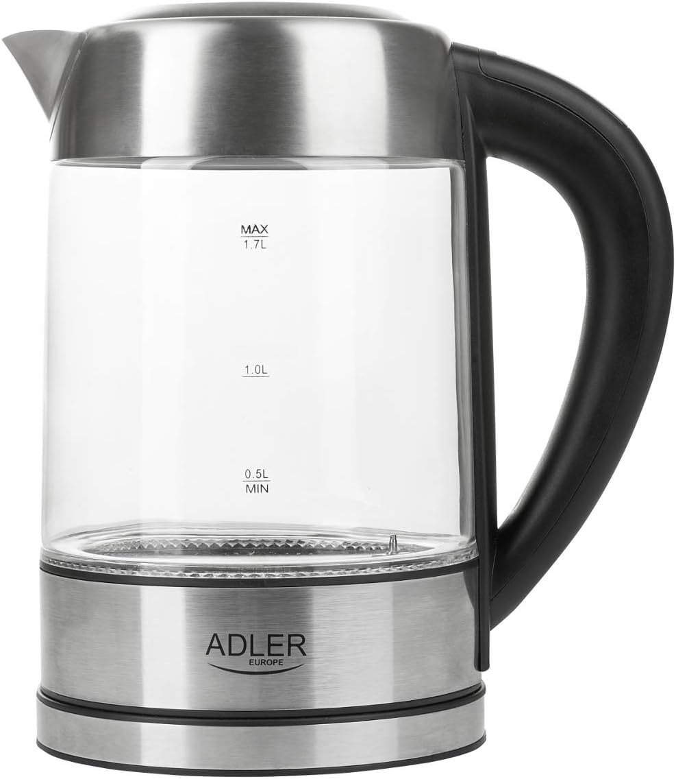 bouilloire électrique de 1,7L 2200W transparent gris noir Adler - Mathon