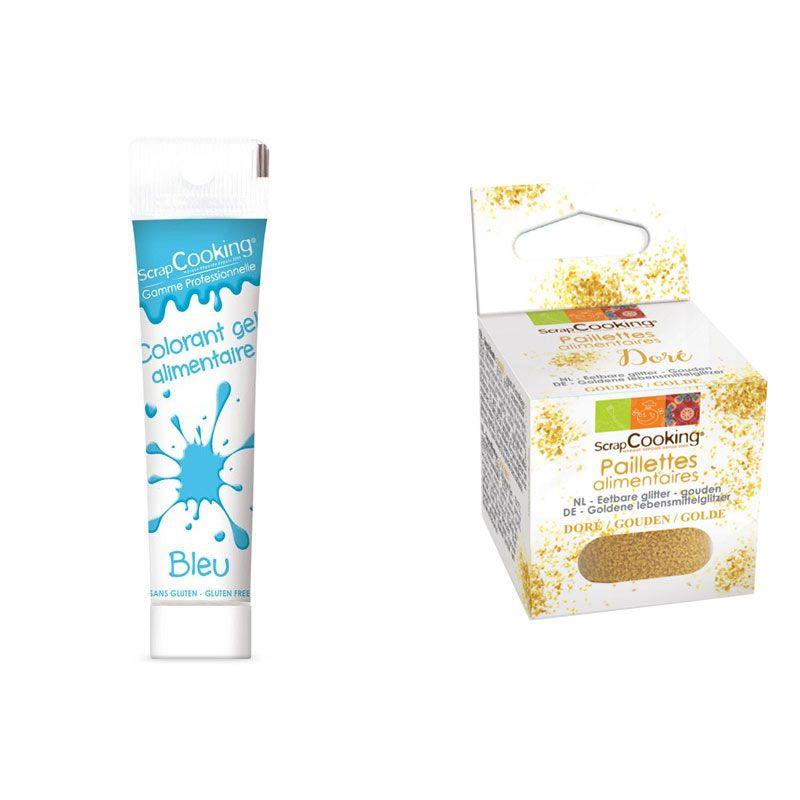 Gel colorant alimentaire bleu + paillettes dorées Scrapcooking - Mathon