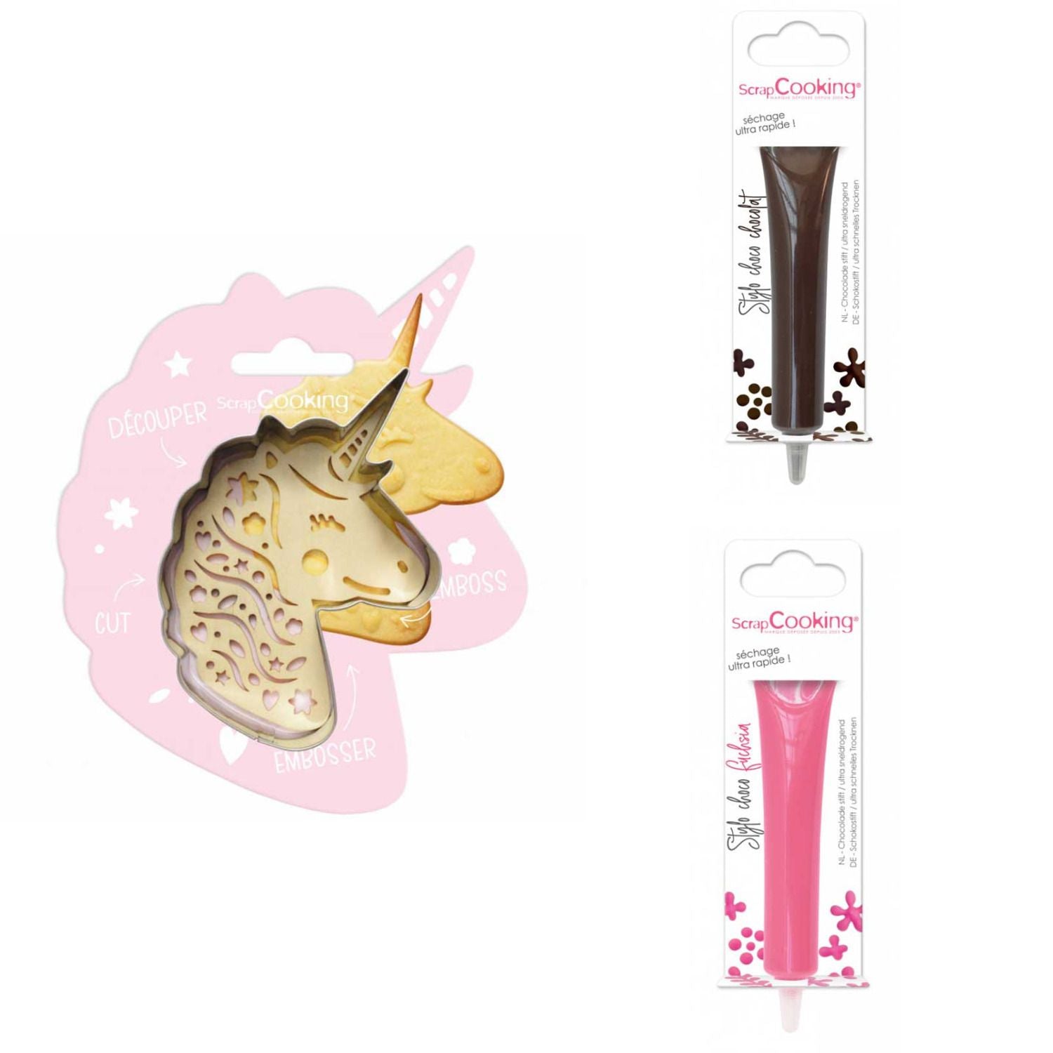 Kit pour biscuit en relief Licorne + 2 Stylos au chocolat marron et fuchsia Scrapcooking - Mathon