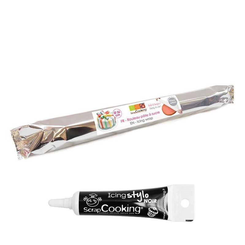 Rouleau pâte à sucre blanche Ø 36 cm + Stylo glaçage noir Scrapcooking - Mathon