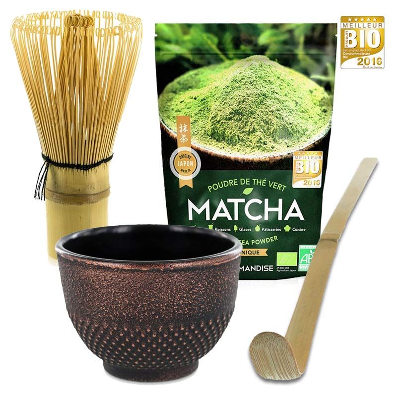 Coffret thé Matcha + fouet + cuillère en bambou + tasse noir & violet Aromandise - Mathon
