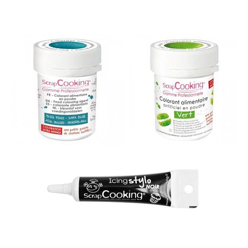 2 colorants alimentaires vert-bleu foncé + Stylo glaçage noir Scrapcooking - Mathon