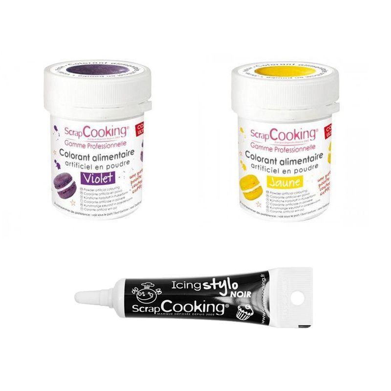 2 colorants alimentaires jaune-violet + Stylo glaçage noir Scrapcooking - Mathon