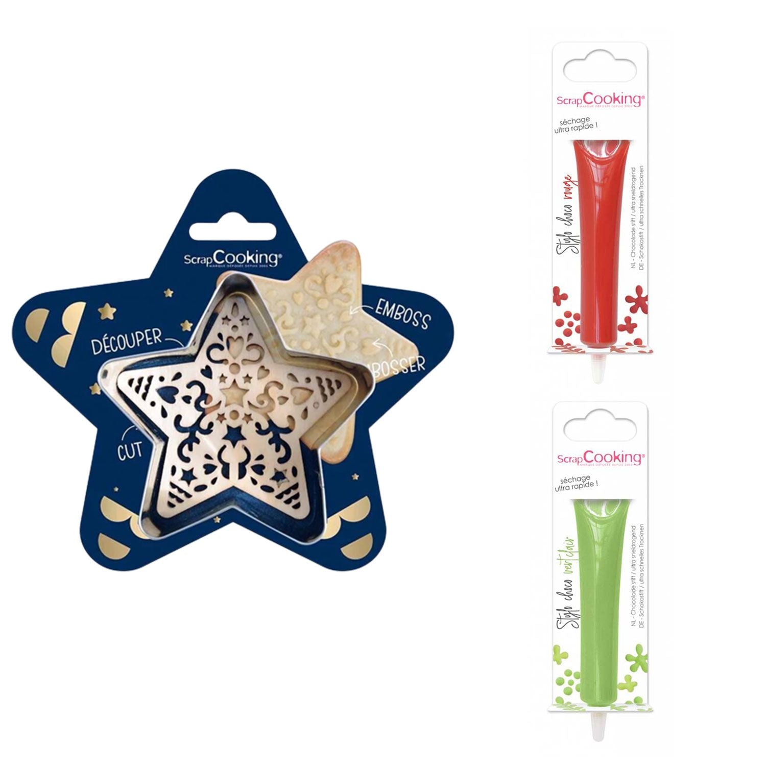 Kit pour biscuit en relief Étoile + 2 Stylos au chocolat rouge et vert clair Scrapcooking - Mathon