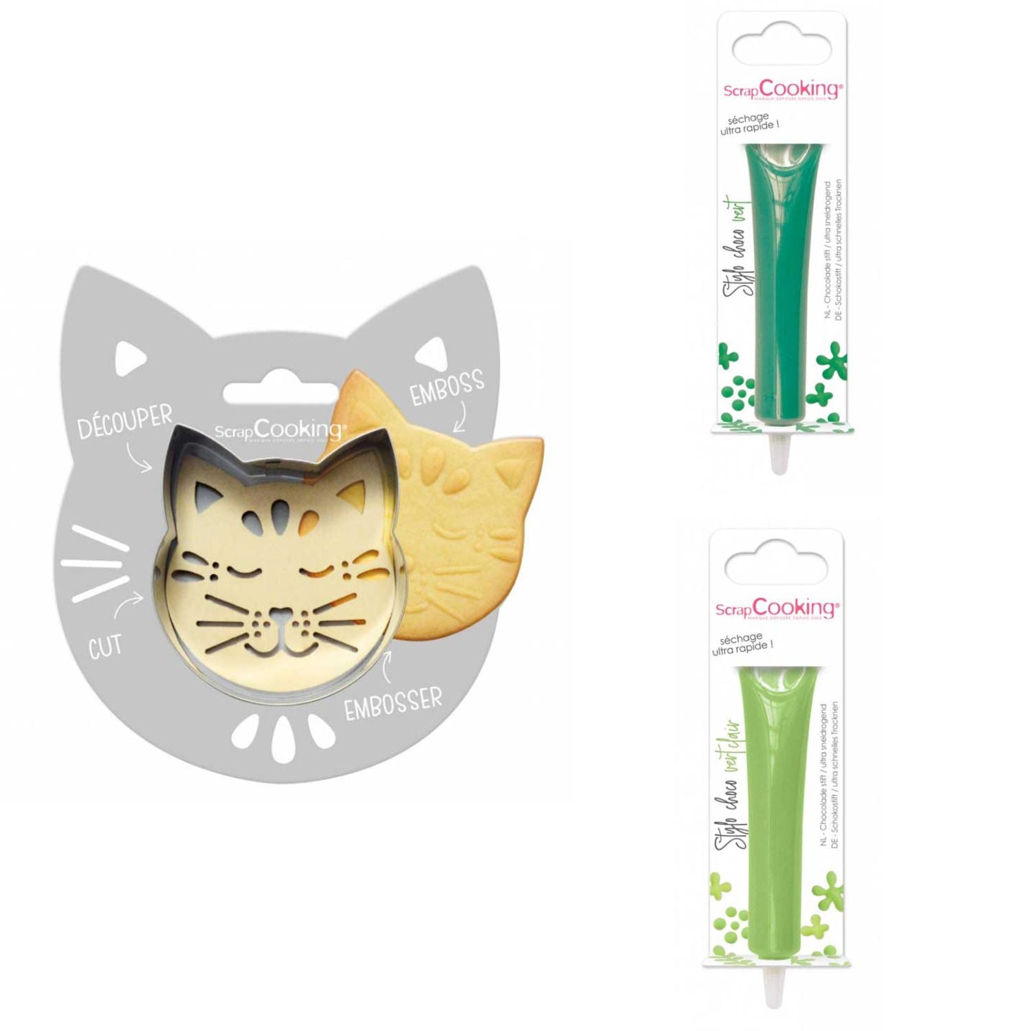 Kit pour biscuit en relief Chat + 2 Stylos au chocolat vert et vert clair Scrapcooking - Mathon