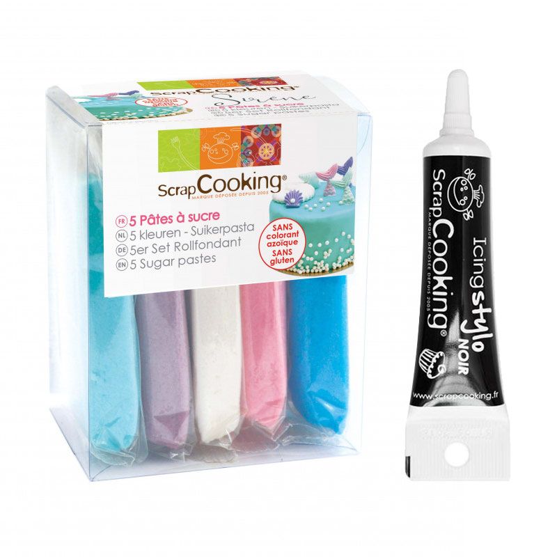 5 pâtes à sucre Sirène 80 g + Stylo de glaçage noir Scrapcooking - Mathon