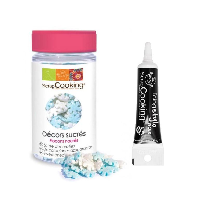 Décors sucrés flocons nacrés 50 g + Stylo de glaçage noir Scrapcooking - Mathon