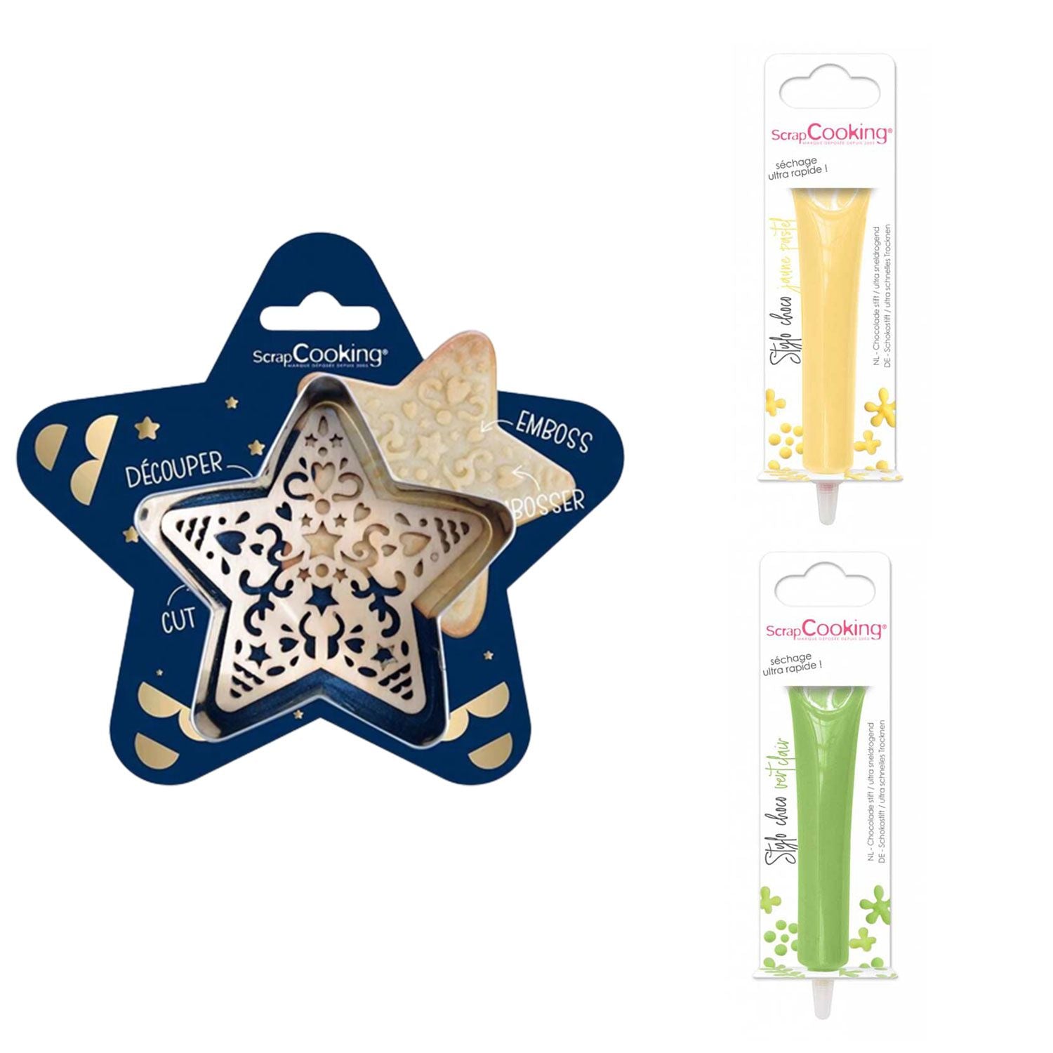 Kit pour biscuit en relief Étoile + 2 Stylos au chocolat jaune pastel et vert clair Scrapcooking - Mathon