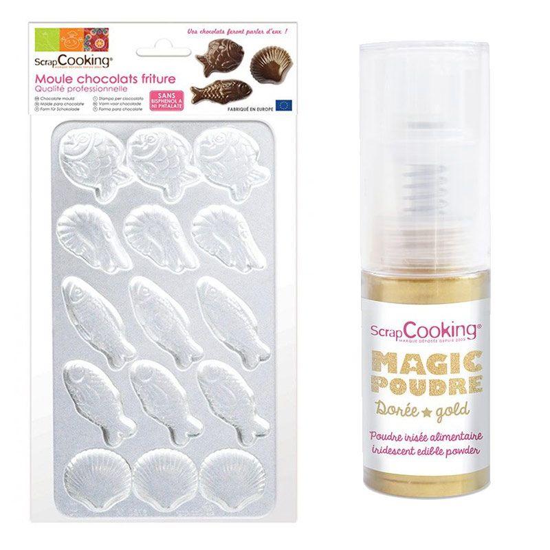 Moule rigide pour fritures en chocolat + 1 poudre alimentaire irisée dorée Scrapcooking - Mathon