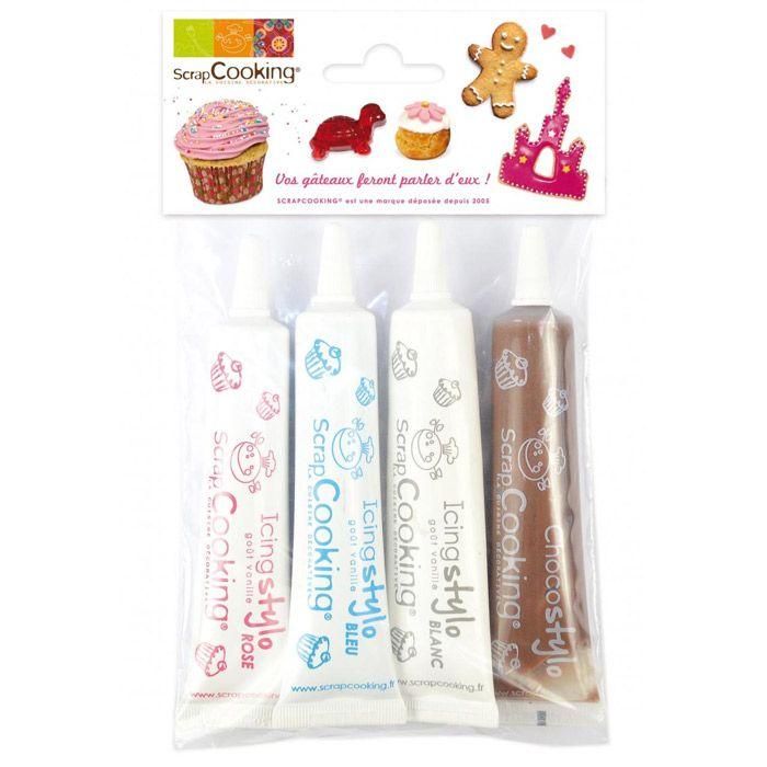 4 stylos de glaçage blanc, rose, bleu, chocolat Scrapcooking - Mathon