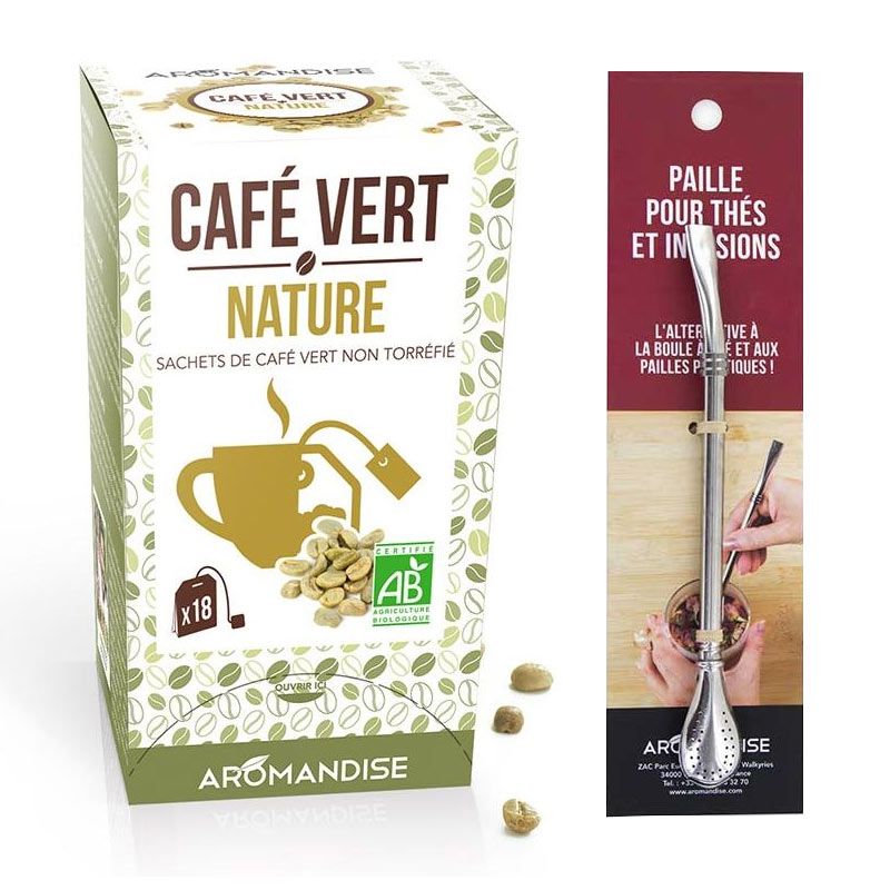 Café vert nature 18 sachets + paille inox avec filtre Aromandise - Mathon