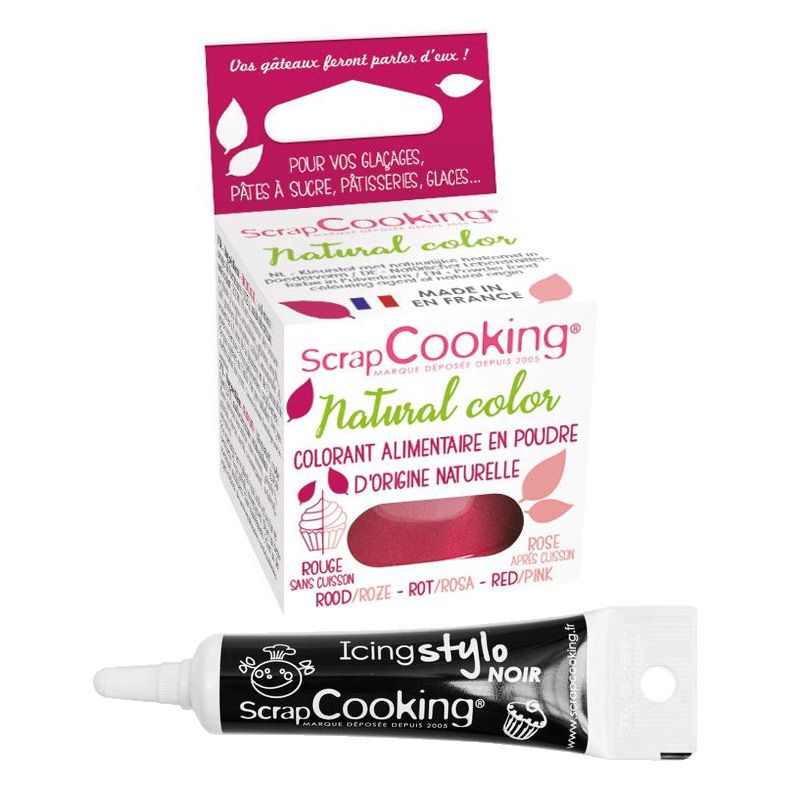 Colorant alimentaire naturel Rouge-rose + Stylo de glaçage noir Scrapcooking - Mathon