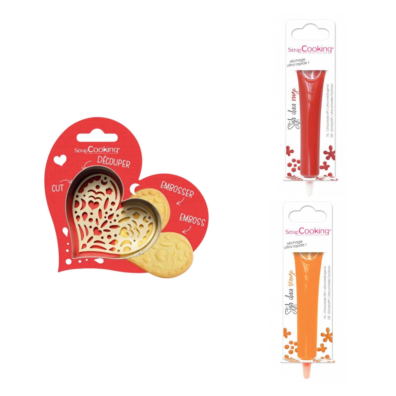 Kit pour biscuit en relief Coeur + 2 Stylos au chocolat rouge et orange Scrapcooking - Mathon