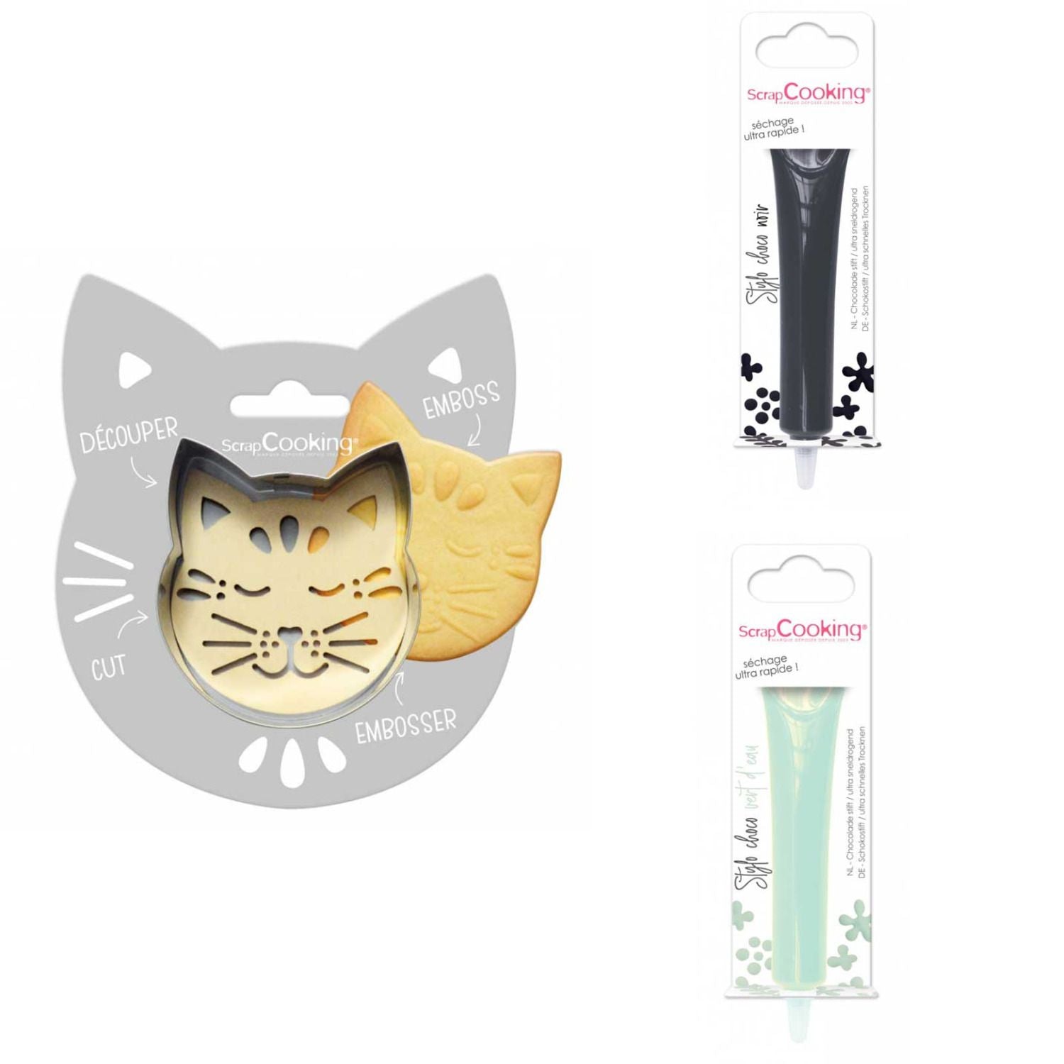 Kit pour biscuit en relief Chat + 2 Stylos au chocolat noir et vert d