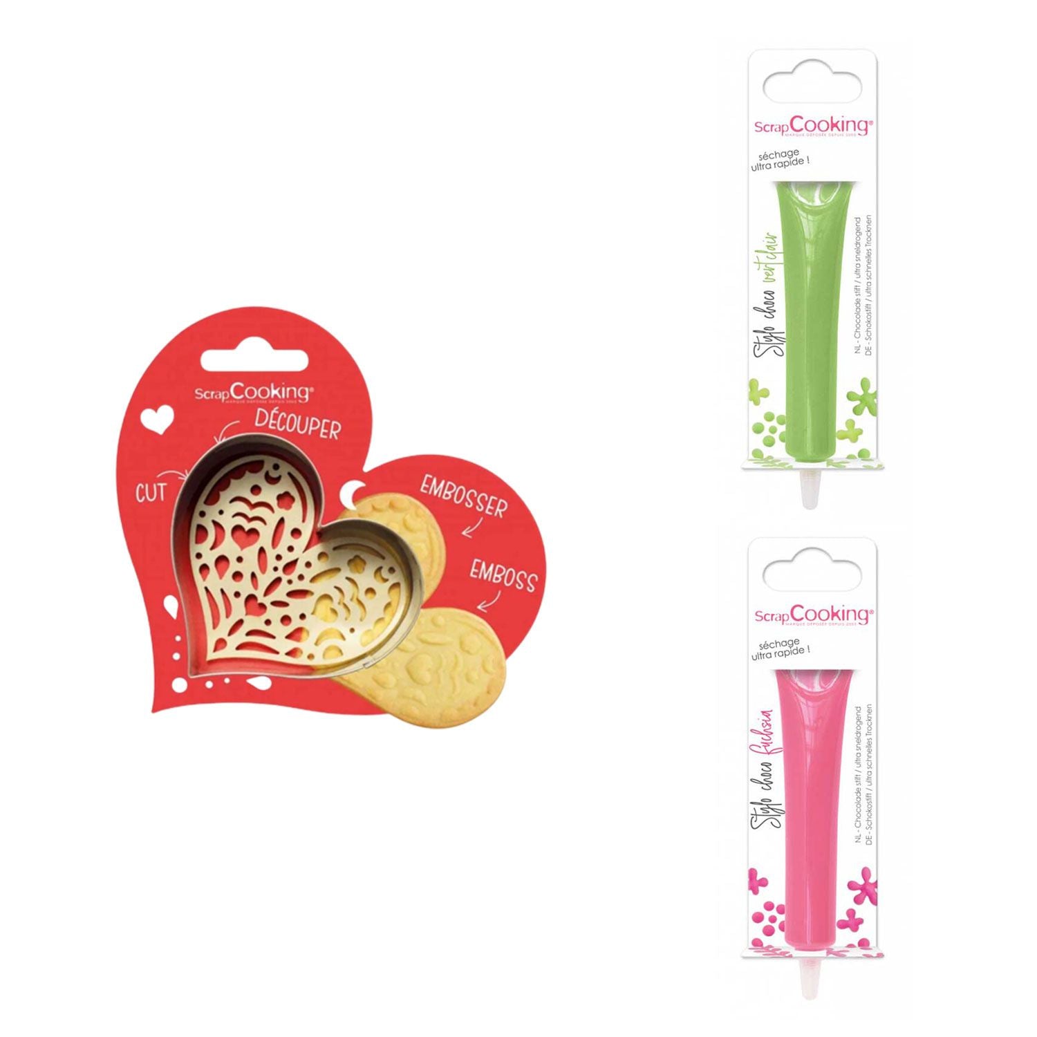 Kit pour biscuit en relief Coeur + 2 Stylos au chocolat vert clair et fuchsia Scrapcooking - Mathon