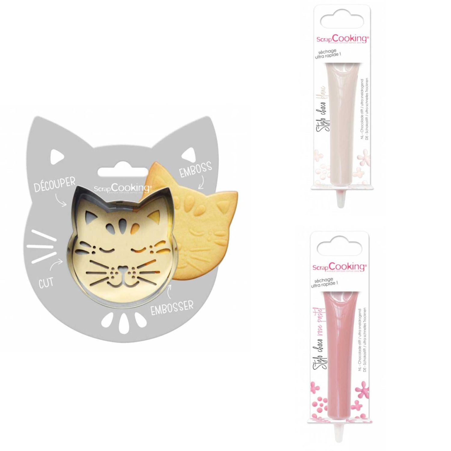 Kit pour biscuit en relief Chat + 2 Stylos au chocolat blanc et rose pastel Scrapcooking - Mathon