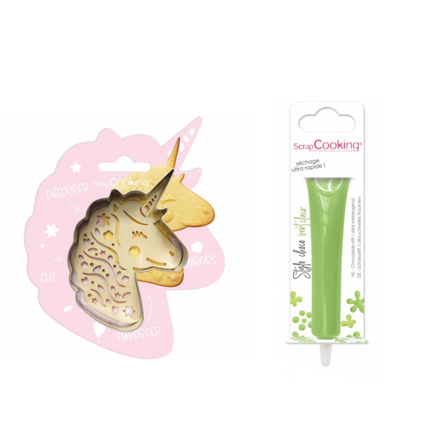 Kit pour biscuit en relief Licorne + Stylo au chocolat vert clair Scrapcooking - Mathon