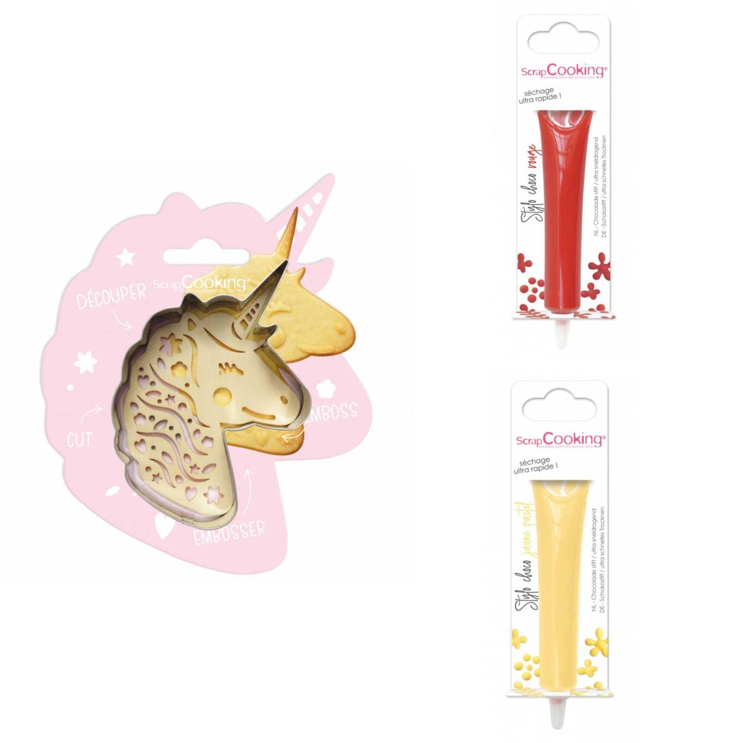Kit pour biscuit en relief Licorne + 2 Stylos au chocolat rouge et jaune pastel Scrapcooking - Mathon