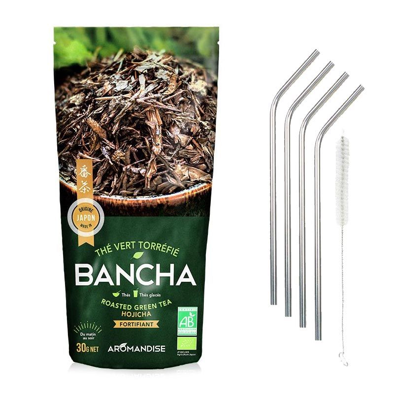 Thé vert bio japonais Bancha Hojicha 30 g + 4 pailles en inox Youdoit - Mathon
