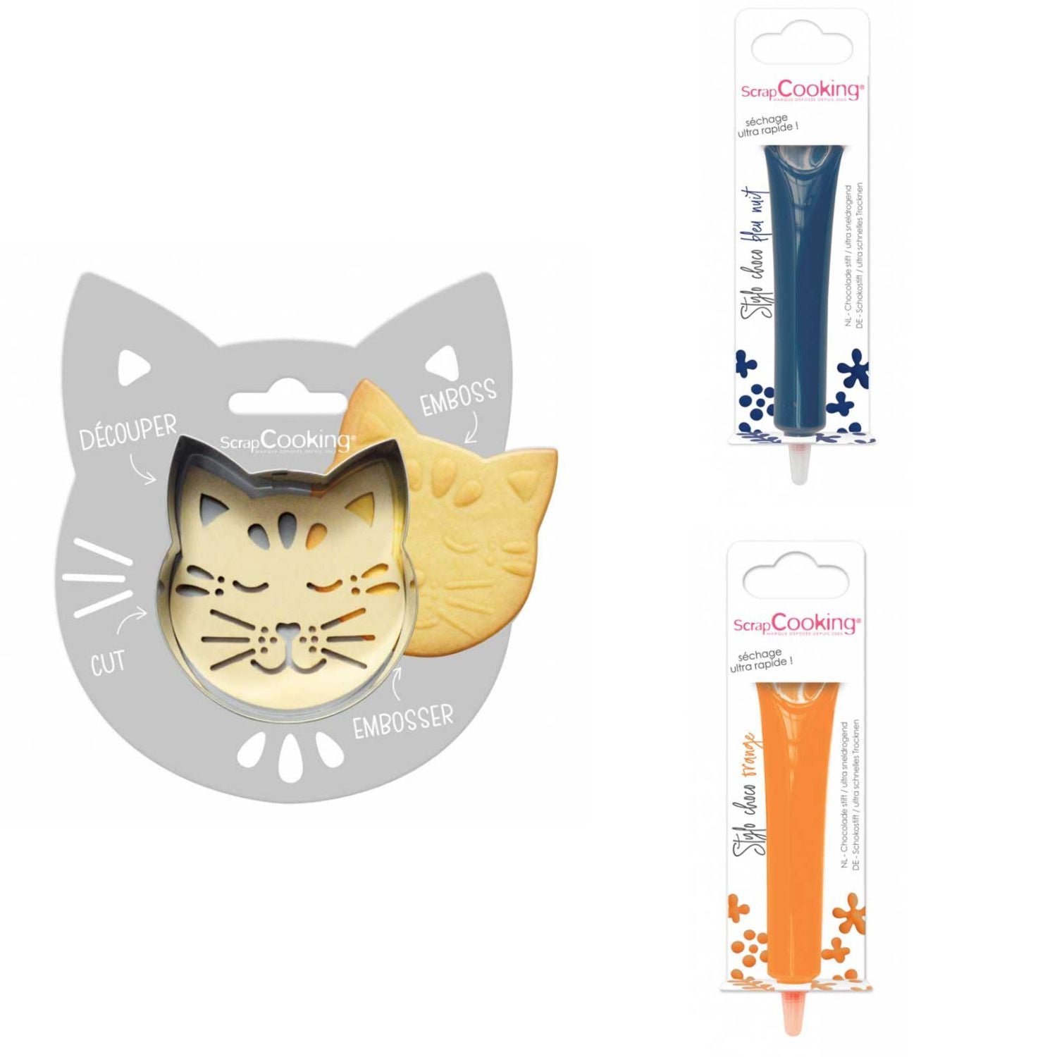 Kit pour biscuit en relief Chat + 2 Stylos au chocolat bleu nuit et orange Scrapcooking - Mathon